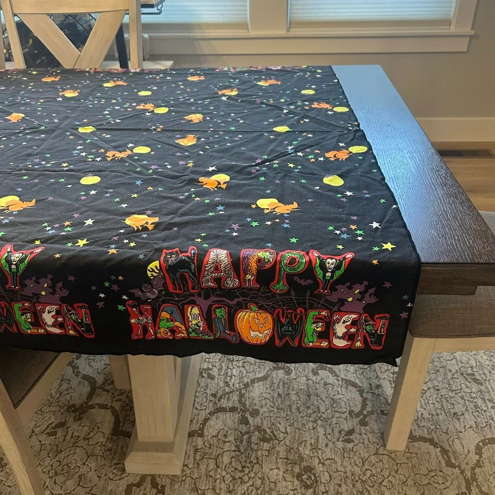 Vintage Happy Halloween Tablecloth Black Stars Monsters 101x51 Spooky Decor